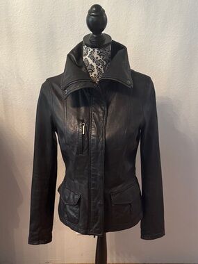 Vince Black Leather Moto Jacket with Snap Collar